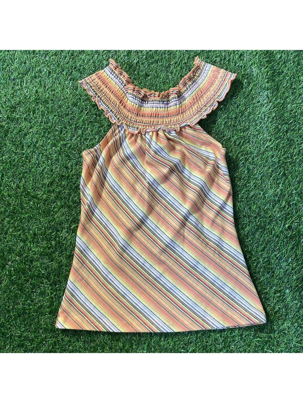 Vintage Y2K Rave Stretch Orange, white, and gray diagonal striped tank top
